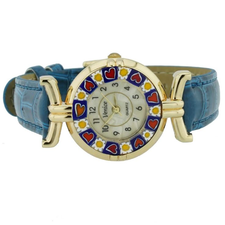 This elegant Murano Glass watch is a unique timepiece featuring high-quality workmanship and the most famous centuries-old Murano Millefiori technique. Stylized flowers in rich colors adorn the face of this watch and give it a trendy Venetian look. This Murano watch adds an artistic accent to any outfit and makes a great stylish gift to any woman with appreciation of Venetian heritage and Murano craftsmanship. Measurements: The handcrafted face of this Murano Glass watch measures 1 inch in diame Casual Multicolor Cheap Watches, Unusual Watches 1stdibs, Fun Watches For Women, Unique Face Watch, Casual Cheap Multicolor Watches, Vintage Ival Navy Watch, Colorful Watches, Murano Glass Jewelry, Gold Girl