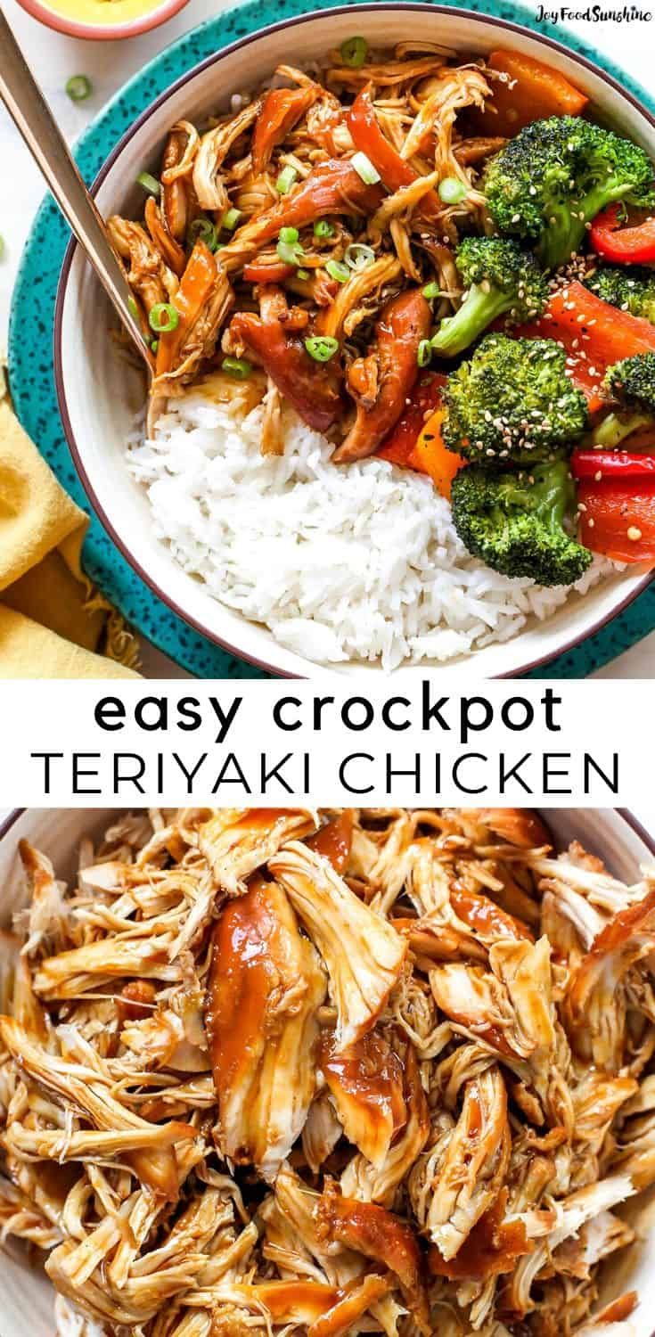 easy crockpot teriyaki chicken with broccoli and carrots on the side