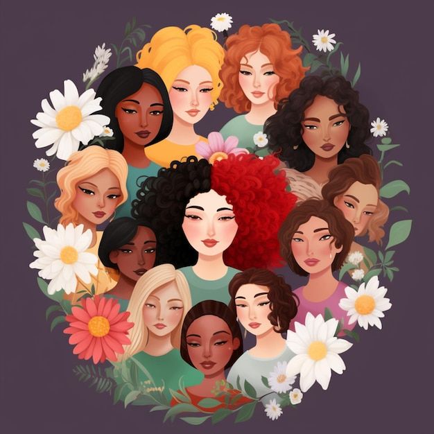 a group of women with different hair styles and flowers in the middle of their heads