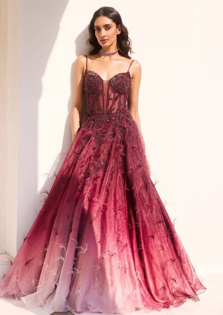 Amber Maroon Glow Shaded Gown by Dolly J, available on Indiaspopup.com Shaded Embroidery, Embroidery Gown, Tulle Bodice, Organza Gown, Tuxedo Accessories, Beach Wedding Guests, Organza Gowns, Antique Embroidery, Summer Bride