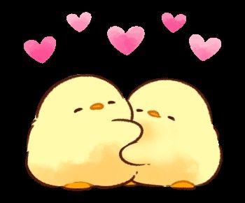 two little chicks are kissing in front of some hearts on a black background with the words love written below them