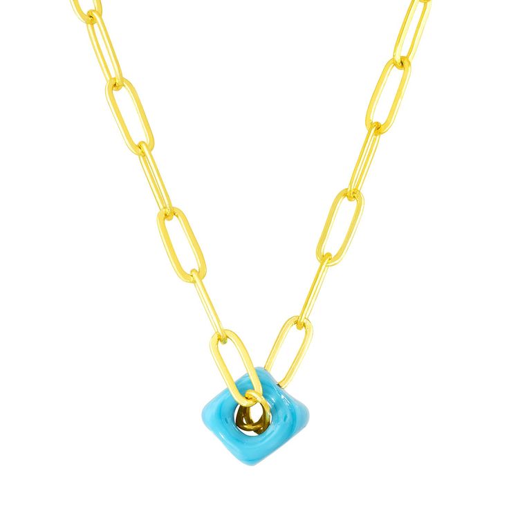 At the center of any good necklace stack is something bold, bright, and simple to tie your look together—our Beauty Bead was born for the role! We love this staple piece because of how well its trendy minimalist gold cable chain accents its blocky turquoise blue bead. It's the perfect mix of sleek and "statement"! Whenever your look could use a fresh pop of color or when your mood needs a boost, sling this little piece of optimism 'round your neck as a reminder to keep your eyes out for blue ski Bold Jewelry With Adjustable Chain For Gift, Blue Trendy Jewelry With Delicate Chain, Blue Gold Chain Necklace As Gift, Blue Gold Chain Necklace For Gift, Everyday Blue Necklaces With Delicate Chain, Blue Delicate Chain Necklace For Everyday, Blue Cable Chain Necklace As Gift, Everyday Blue Necklace With Delicate Chain, Blue Link Necklace For Gift