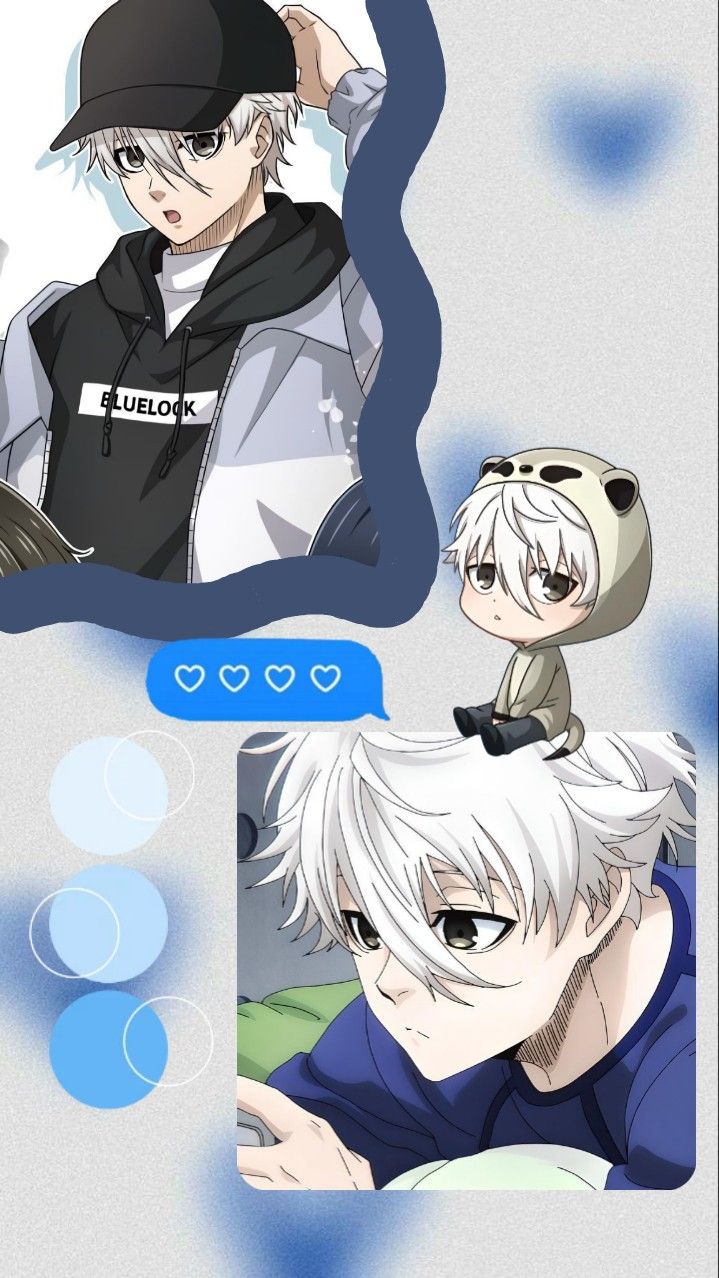 two anime characters, one with white hair and the other with blue eyes are looking at something