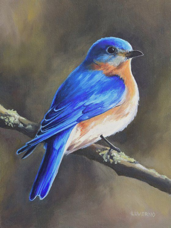 a painting of a blue bird sitting on a branch