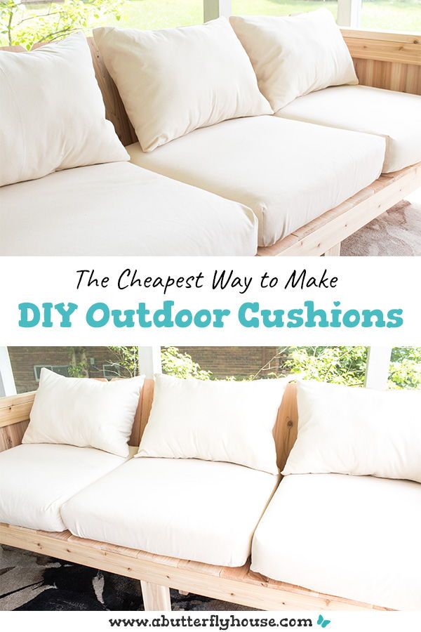 an outdoor couch made out of wood and white pillows with text overlay that reads the cheapest way to make diy outdoor cushions