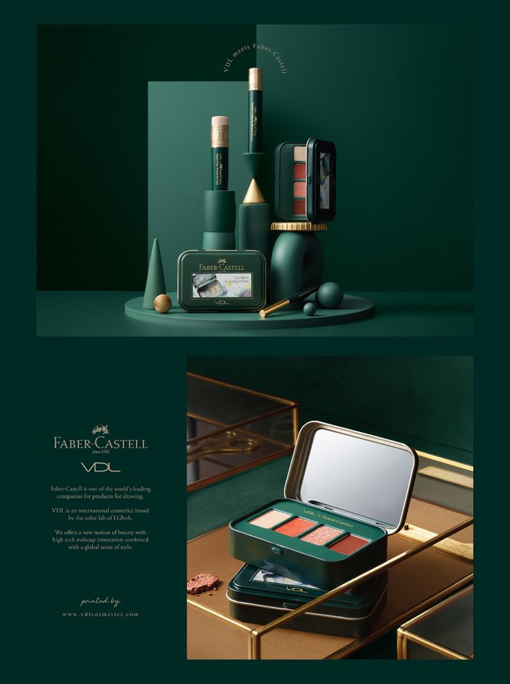 an advertisement for faber's castle cosmetics with green background and gold trimmings