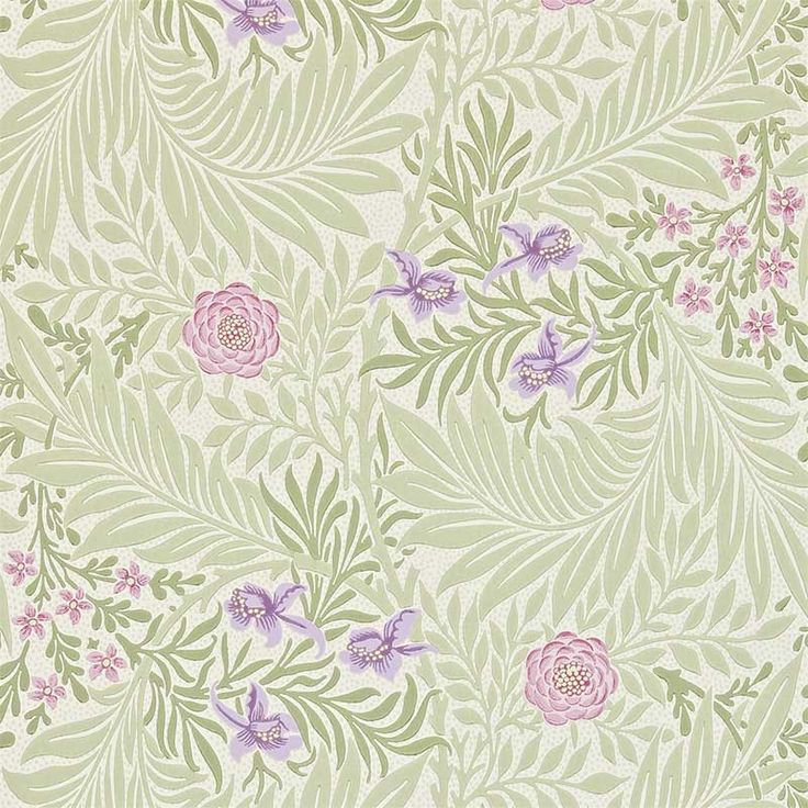 a floral wallpaper pattern with pink and purple flowers on green leaves, in pastel shades