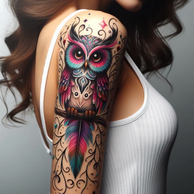 an owl with colorful feathers on its arm and shoulder is shown in front of a woman's head