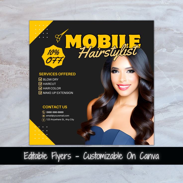 an advertisement for mobile hair stylist featuring a woman with long dark brown hair