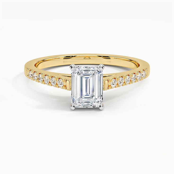 Emerald Cut Sonora Classic Diamond Engagement Ring - 18K Yellow Gold. This classic engagement ring features cathedral archways adorned with dazzling French pavé diamond accents and a lofted prong-set center gem (1/10 total carat weight). Classic Diamond Engagement Ring, Ring Style Guide, Tacori Engagement Rings, Emerald Cut Diamond Engagement Ring, Trending Engagement Rings, Lab Diamond Engagement Ring, Ring Trends, Classic Engagement Rings, Textured Ring