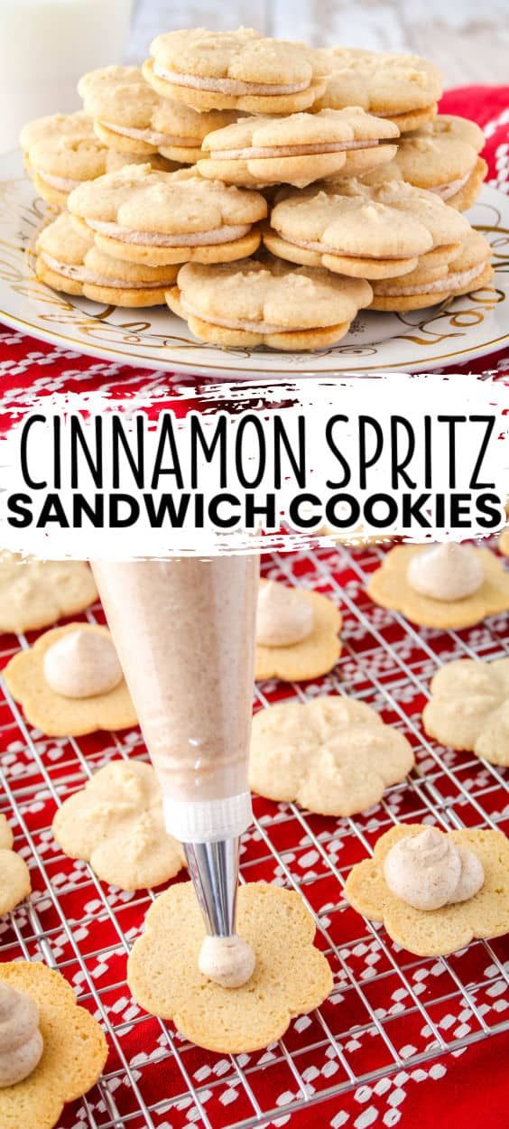 cinnamon spritz sandwich cookies on a red and white tablecloth with a bottle of milk