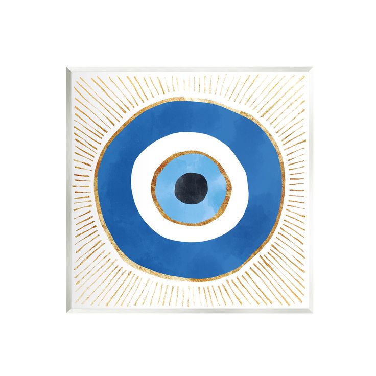 a blue and white painting with an eyeball in the center, on a white background