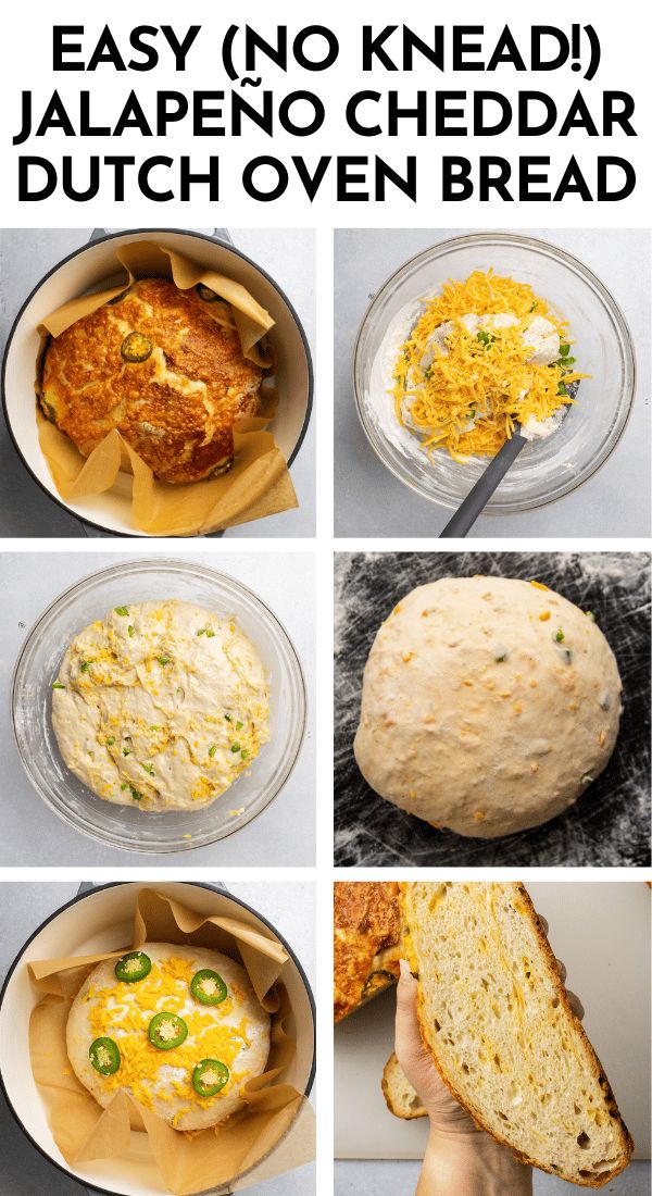 the steps to make jalapeno cheddar dutch oven bread are shown