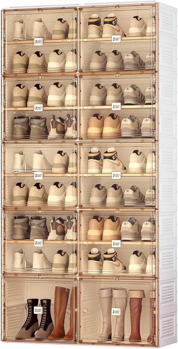 the shelves are filled with many different types of shoes