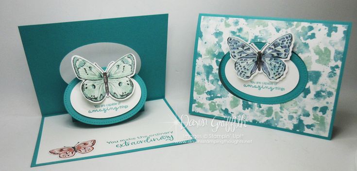 two cards with butterflies on them, one is blue and the other has green paper