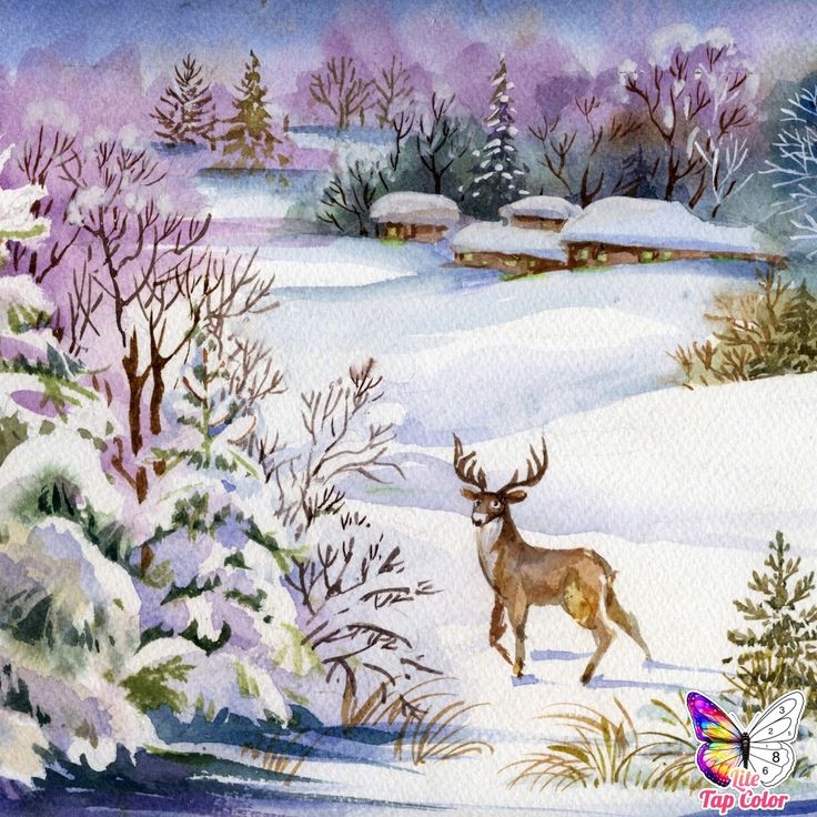 a painting of a deer in the snow