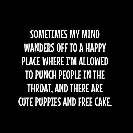 a black and white photo with the words sometimes my mind wanders off to a happy place where i'm allowed to punch people in the throat, and there are cute puppies and free cake