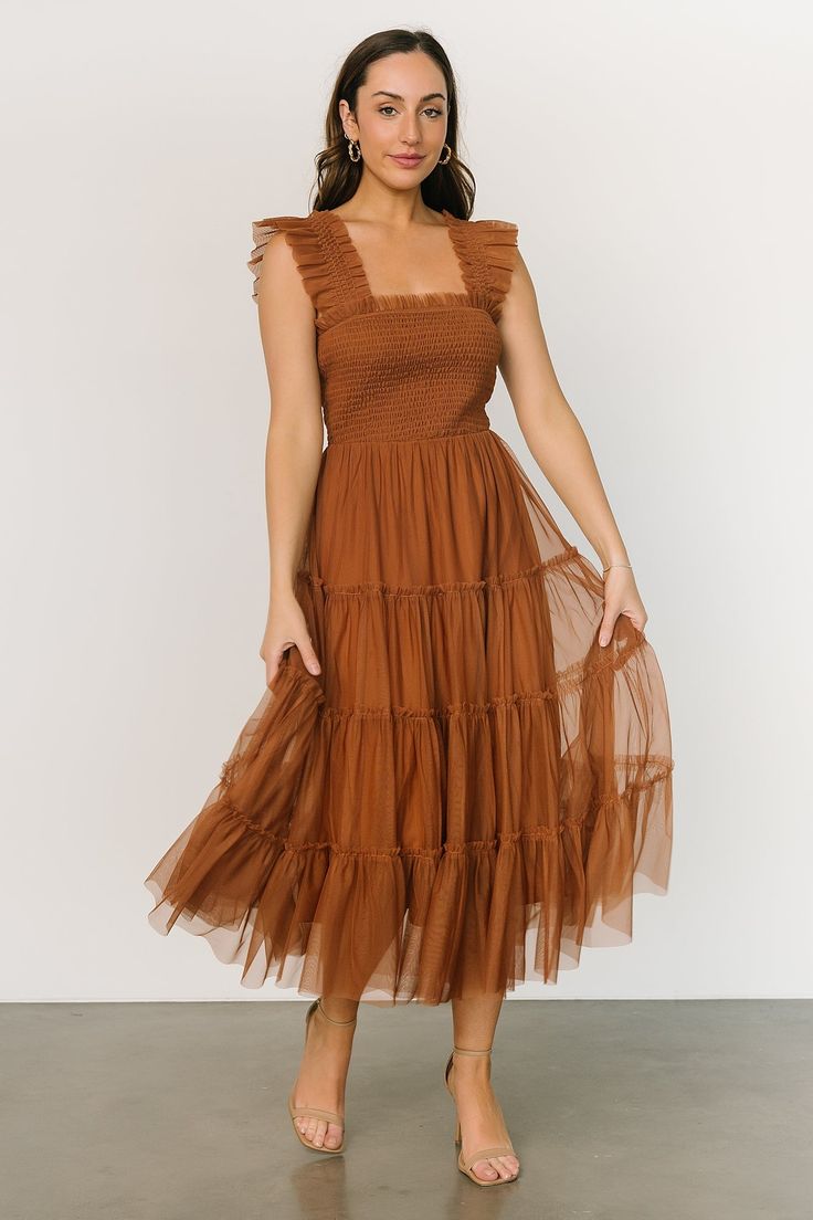 Emma Smocked Tulle Dress | Mocha - Baltic Born 34c Size, Tulle Material, Tiered Midi Skirt, Baltic Born, Fall Wedding Guest Dress, Mocha Color, Garden Dress, Mauve Dress, Flirty Dresses