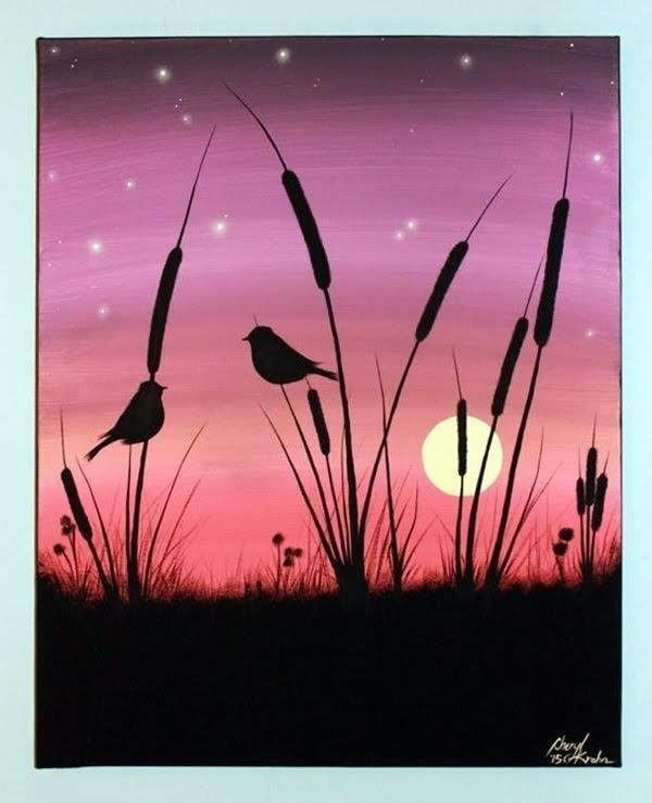 a painting of two birds sitting on top of tall grass at night with the moon in the background