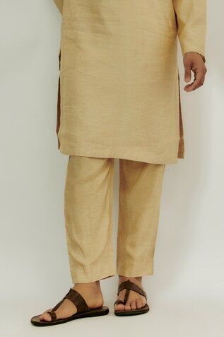 Beige kurta with zardozi and marodi work gold thread embroidery. Paired with a matching straight pant. - Aza Fashions Marodi Work, Beige Kurta, Gold Thread Embroidery, Men Kurta, Kurta With Pants, Thread Embroidery, Gold Thread, Gold Threads, Straight Pants