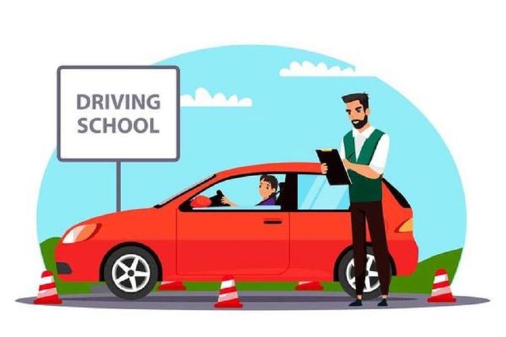 a man standing next to a red car in front of a driving school road sign