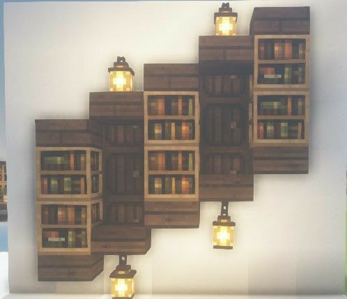 several bookshelves with lights hanging from them on the wall next to each other