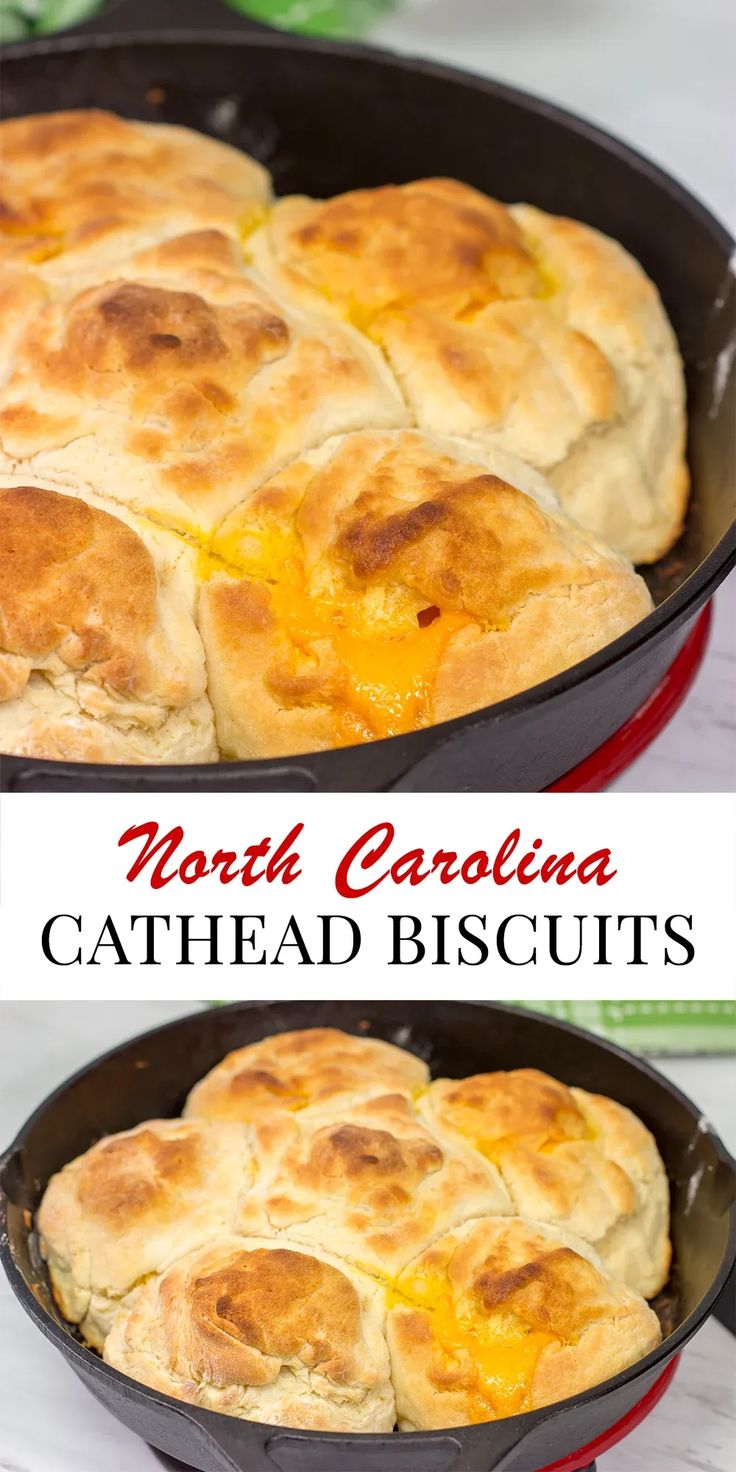 two images of baked bread in a cast iron skillet with the words north carolina cathed biscuits