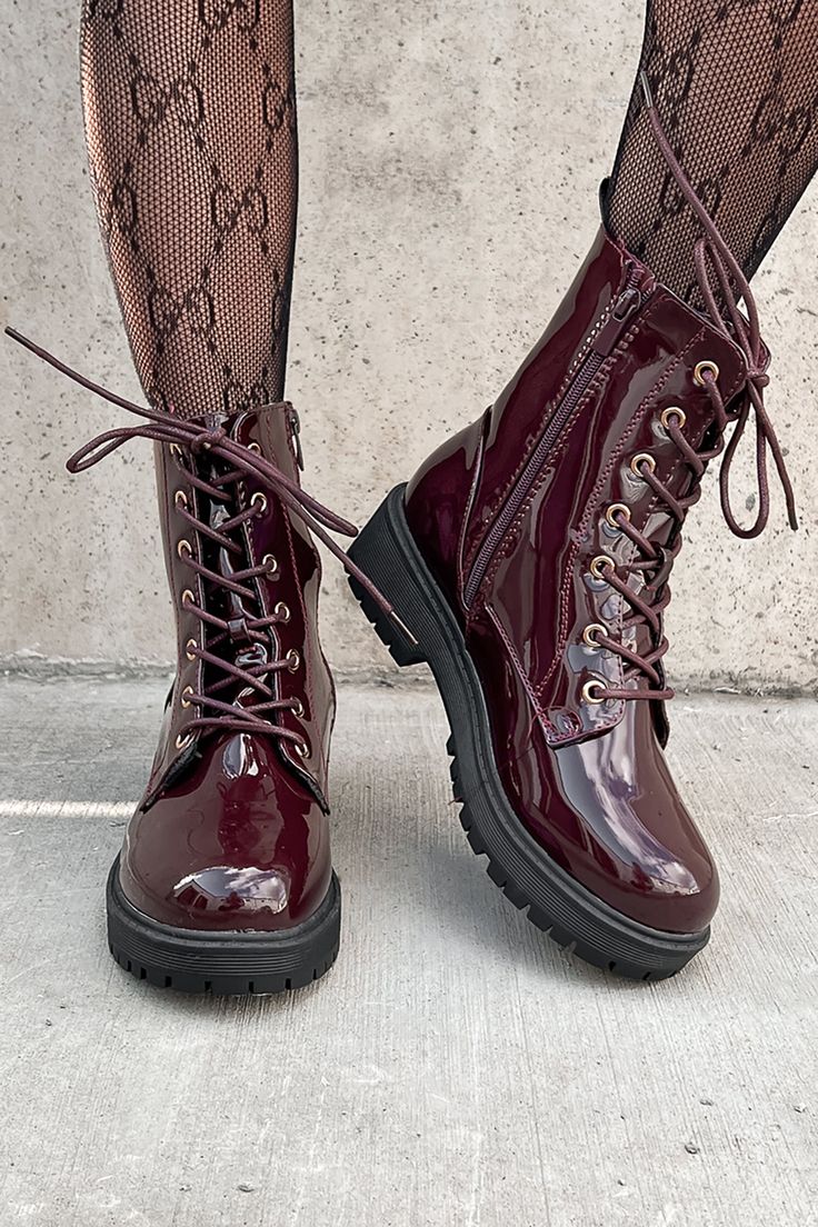 Doorbuster Lennox Patent Leather Combat Boots (Wine Patent) - NanaMacs Leather Combat Boots Outfit, Hiking Boots For Women, Lantern Sleeve Sweater, Leather Hiking Boots, Leather Combat Boots, Casual Bodysuit, Flying Monkey Jeans, Combat Boot, Leather Style