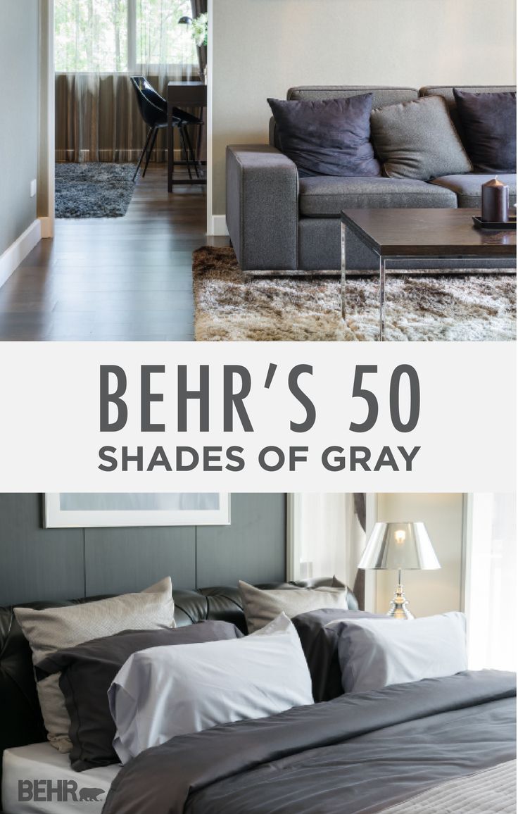 there is a bed and couch in the same room with text that reads behr's 50 shades of gray