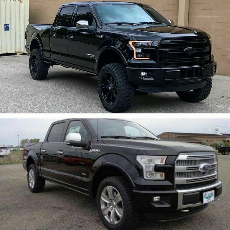 two pictures side by side of a black truck