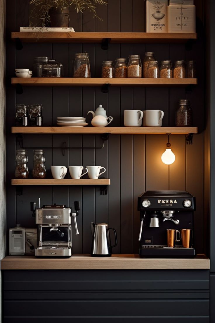 coffee bar ideas coffee aesthetic modern design house design home interior design Coffe Corners Design, Drinks Corner, Hdb Renovation, Pinterest Kitchen, Office Coffee Bar, Coffee Area, Coffee Bar Design, Coffee Nook, Home Coffee Bar