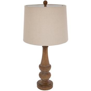 a wooden table lamp with a white shade on it's base and a beige linen lampshade