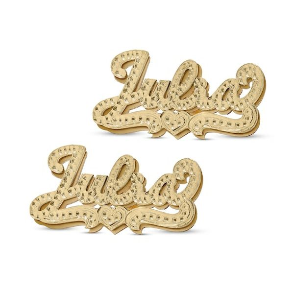 Turn your name into a fashion statement with these enticing stud earrings. Crafted in 14K gold over silver, each personalized earring showcases the name of your choosing - from three to eight characters in length - sculpted in a hammered script font. Beneath the name, a similarly textured heart and scroll ribbons complete the look. Buffed to a brilliant luster, these post earrings secure comfortably with friction backs. Custom Name Gold Sterling Silver Earrings, Elegant Personalized Name Earrings, Personalized Nameplate Earrings For Anniversary, Custom Name Gold Earrings For Anniversary, Custom Name Silver Nameplate Earrings, Personalized Gold Nameplate Earrings, Personalized Nameplate Gold Earrings, Gold Earrings With Custom Name For Anniversary, Personalized Yellow Gold Earrings For Anniversary