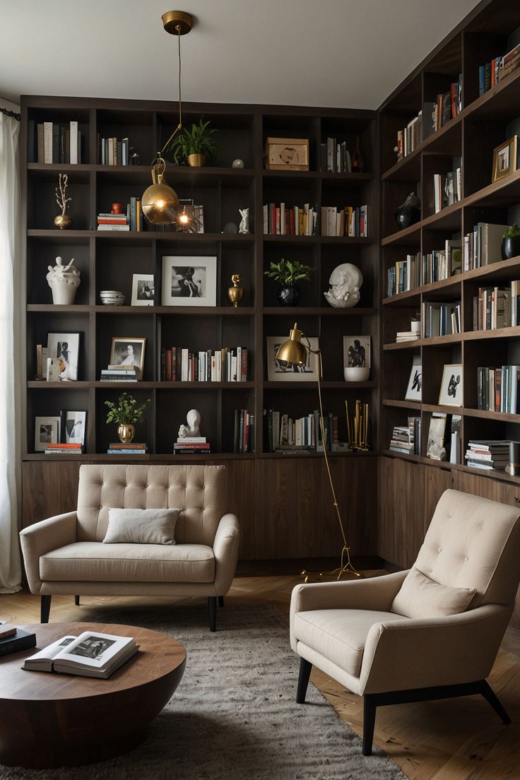 a living room filled with lots of bookshelves next to a couch and chair