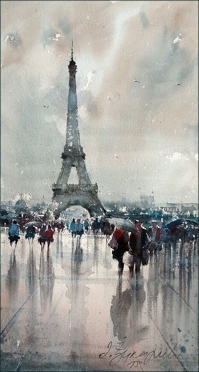 a painting of people walking in front of the eiffel tower on a rainy day