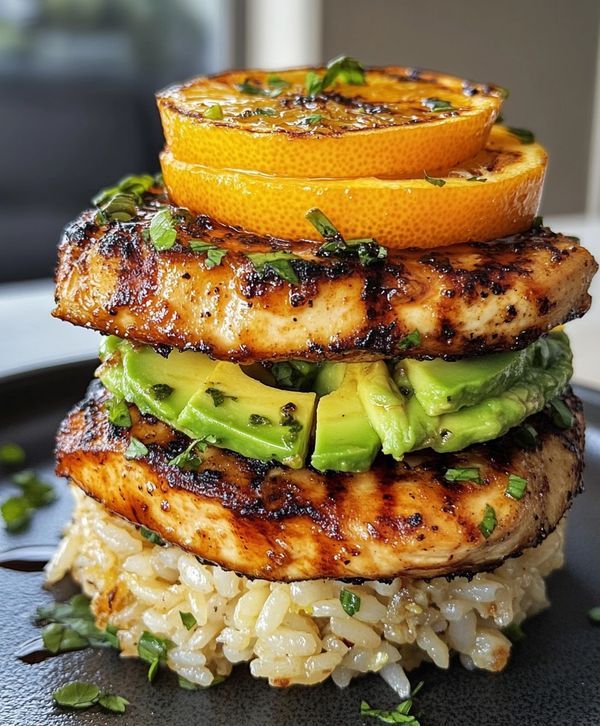 a stack of grilled chicken, rice and oranges on top of each other