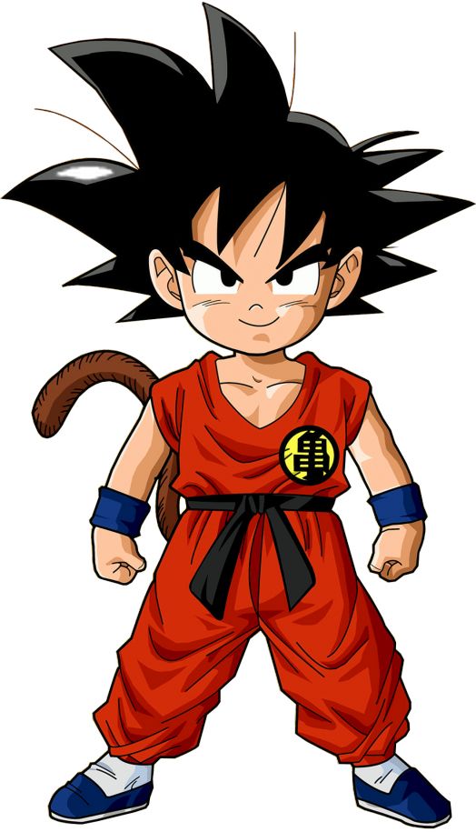 a cartoon character with black hair and an orange shirt, standing in front of a white background