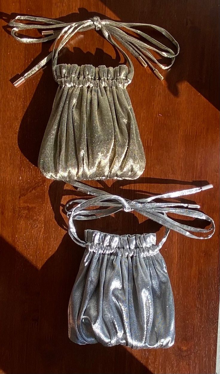 "- chic gold or silver mini tote pouch bag  - length -7\", width - 7\" - it is draped / gathered at top and bottom and therefore very roomy inside  - one inside pocket  - drawstrings can be tied and adjusted to any desired length even shoulder length , tied in bow or knot  - we tied the strings in a bow , but it can be tied in a knot  - lined in self fabric it is chic  gold or silver metallic inside and outside - includes dust bag" Canvas Bag Design, Wedding Bags, Silver Bags, Potli Bags, Silver Fabric, Fabric Accessories, Wedding Bag, Metallic Fabric, Mini Tote Bag