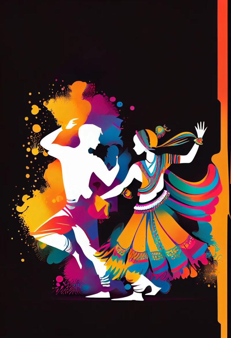 two people are dancing with colorful paint splattered on the wall and black background