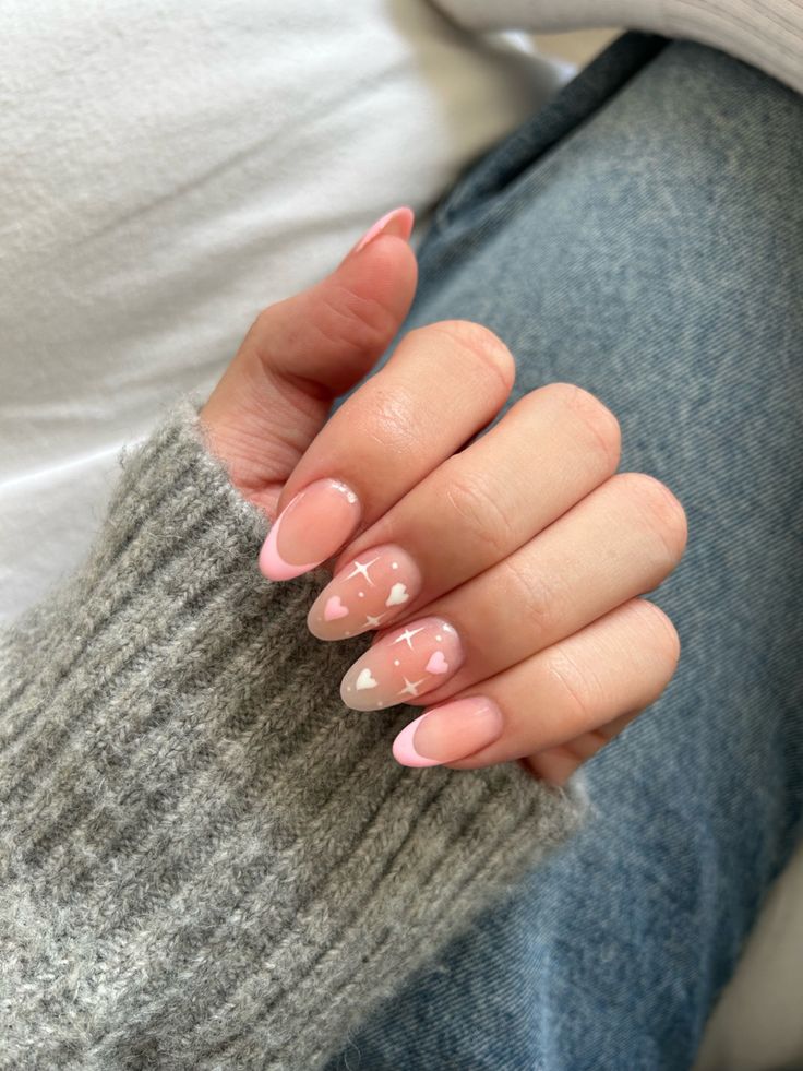 Almond Nails Cute, Acrylic Nails Almond Shape, Almond Gel Nails, Heart Nail Designs, Girly Acrylic, Milky Nails, Graduation Nails, Nail Looks, February Nails