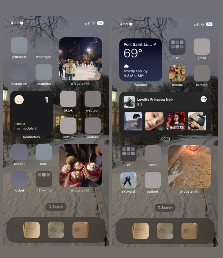 an iphone screen with multiple photos and text on it, including people walking in the snow