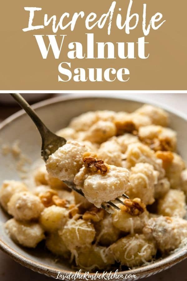 a spoon with some food in it and the words incredible walnut sauce