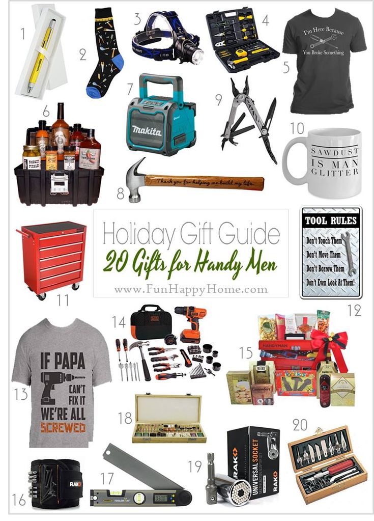 the holiday gift guide for handy men is on display with other items and gifts in it