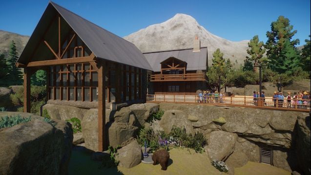 an artist's rendering of a house in the mountains with people walking around it