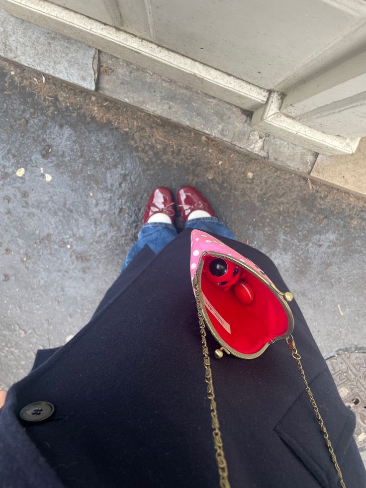 a person wearing red shoes and carrying a purse