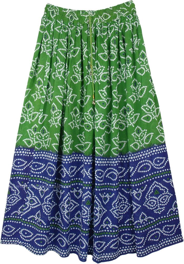 A free-flowing rayon long skirt in green and blue with festival style block print.  This rayon women's skirt features a simple celebration print. #tlb #Printed #Indian #RayonSkirt #DanceSkirt #ComfortableFlowySkirt Green Cotton Maxi Skirt With Relaxed Fit, Festive Long Blue Skirt, Green Flowy Cotton Maxi Skirt, Green Relaxed Maxi Skirt, Green Relaxed Fit Maxi Skirt, Green Tiered Skirt Bottoms For Festival, Green Bohemian Maxi Bottoms, Festival Green Tiered Skirt Bottoms, Spring Festival Green Maxi Skirt