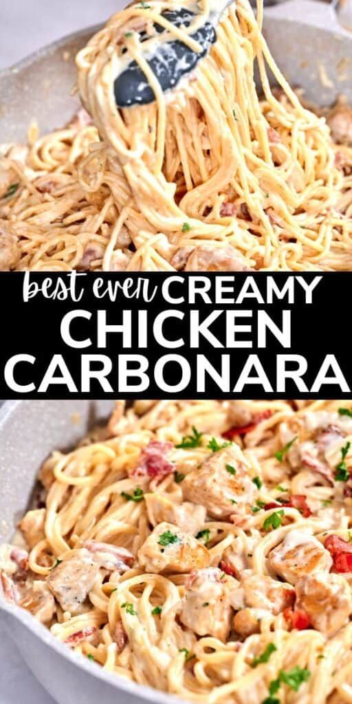 chicken carbonara pasta is being cooked in a skillet