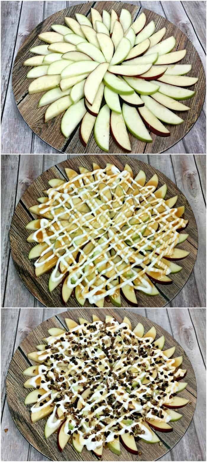 four different types of apple pies on wooden platters with apples in the middle