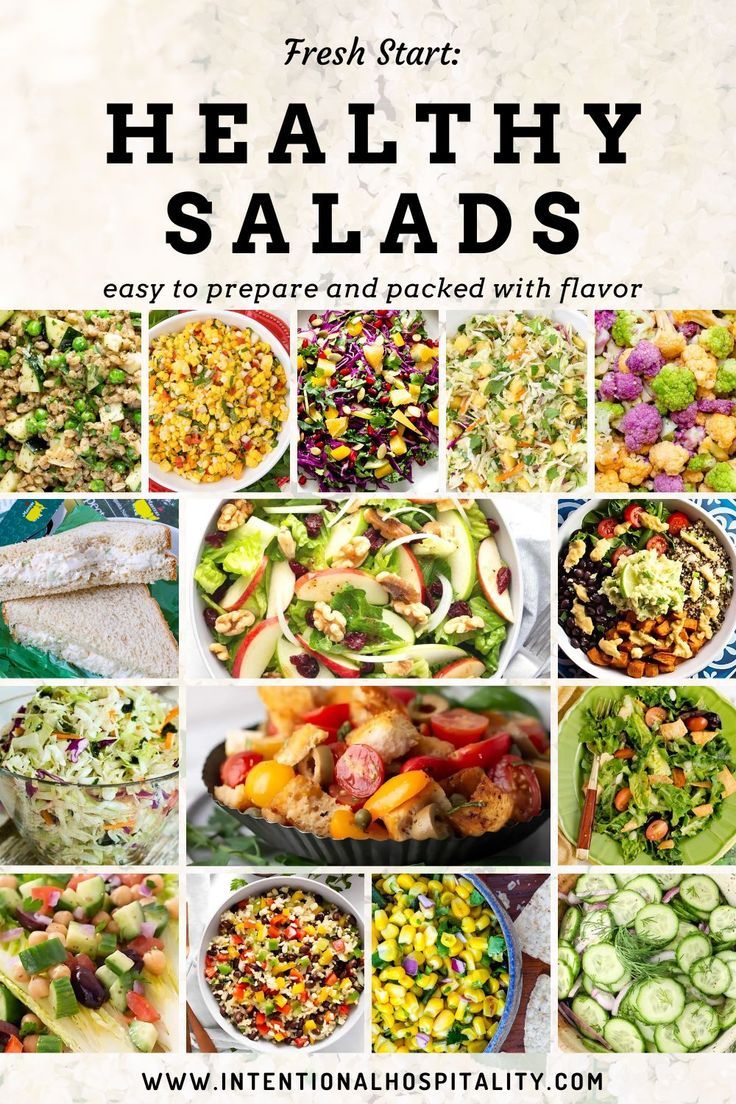 Delicious salads loaded with colorful vegetables, fresh fruits, crunchy toppings, and healthy dressings.