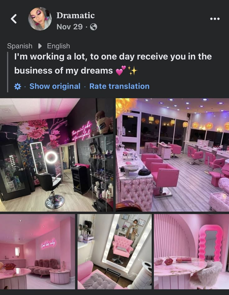 a pink room with lots of furniture and decorations